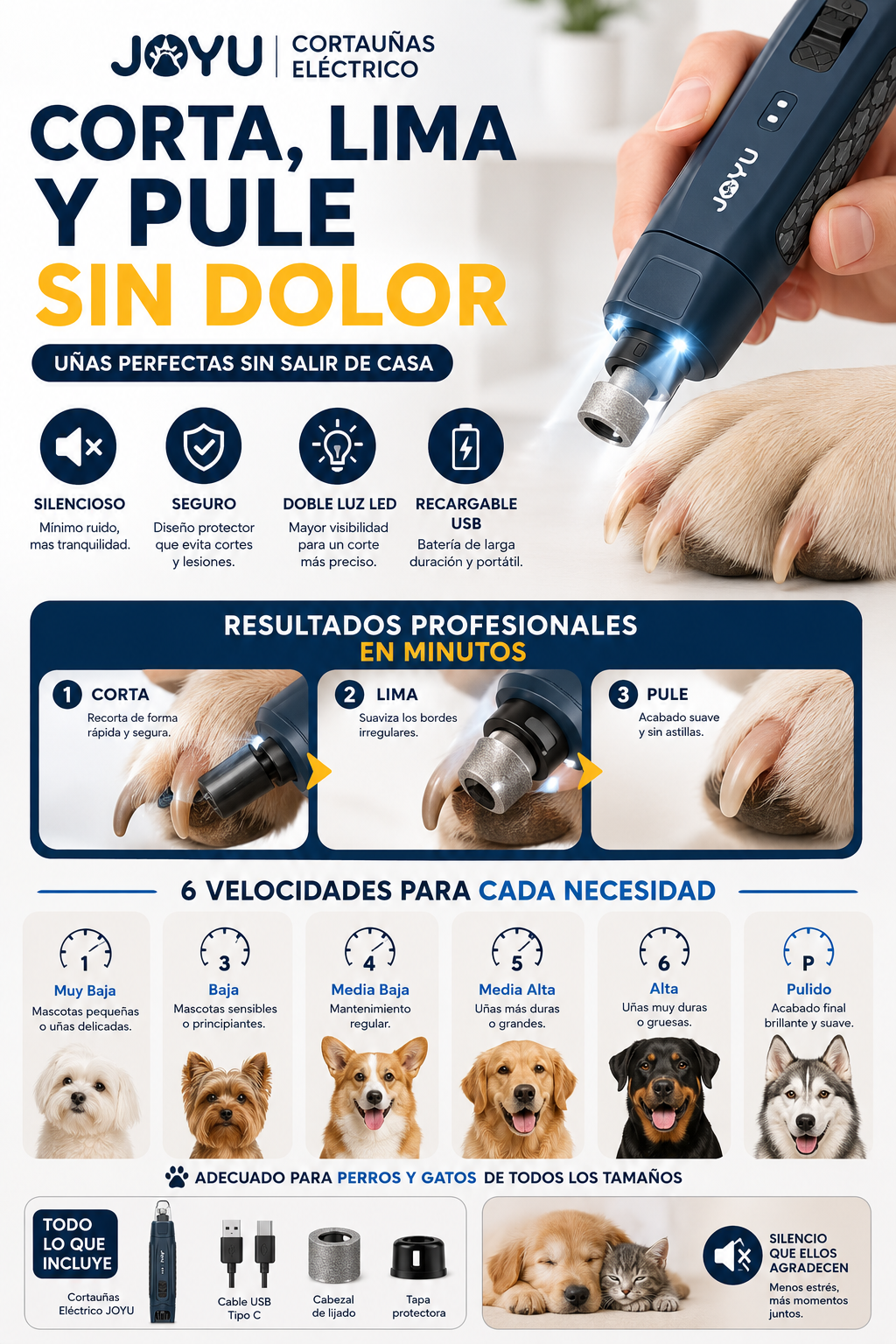 Cortauñas Eléctrico JOYU para Perros y Gatos | 6 Velocidades, Doble Luz LED y Tecnología Silenciosa