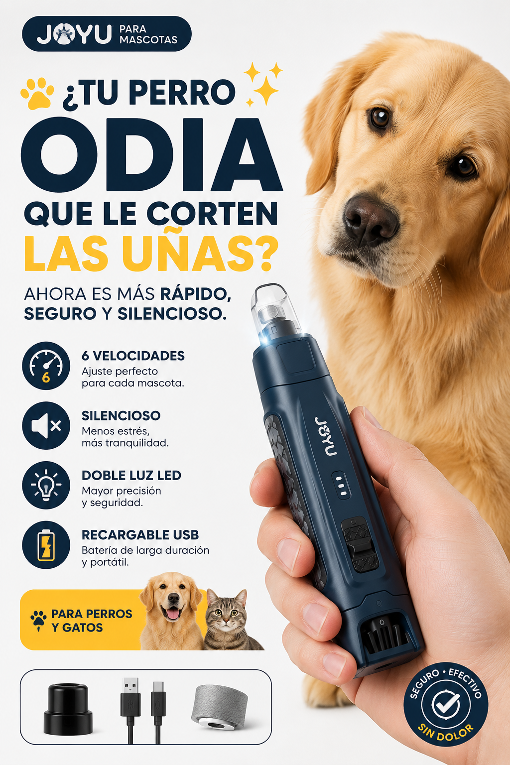 Cortauñas Eléctrico JOYU para Perros y Gatos | 6 Velocidades, Doble Luz LED y Tecnología Silenciosa