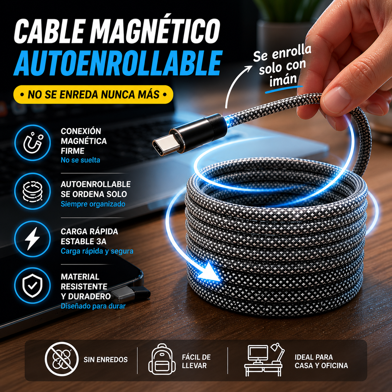 Cable Magnético 100W Carga Rápida con Display LED