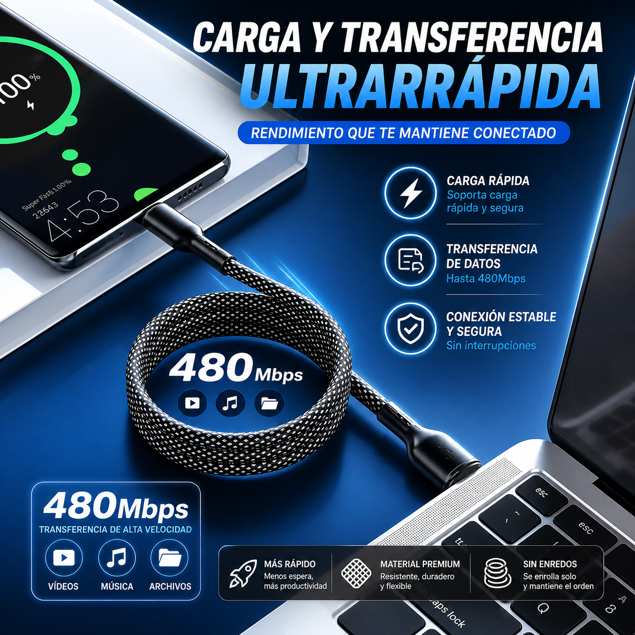 Cable Magnético 100W Carga Rápida con Display LED