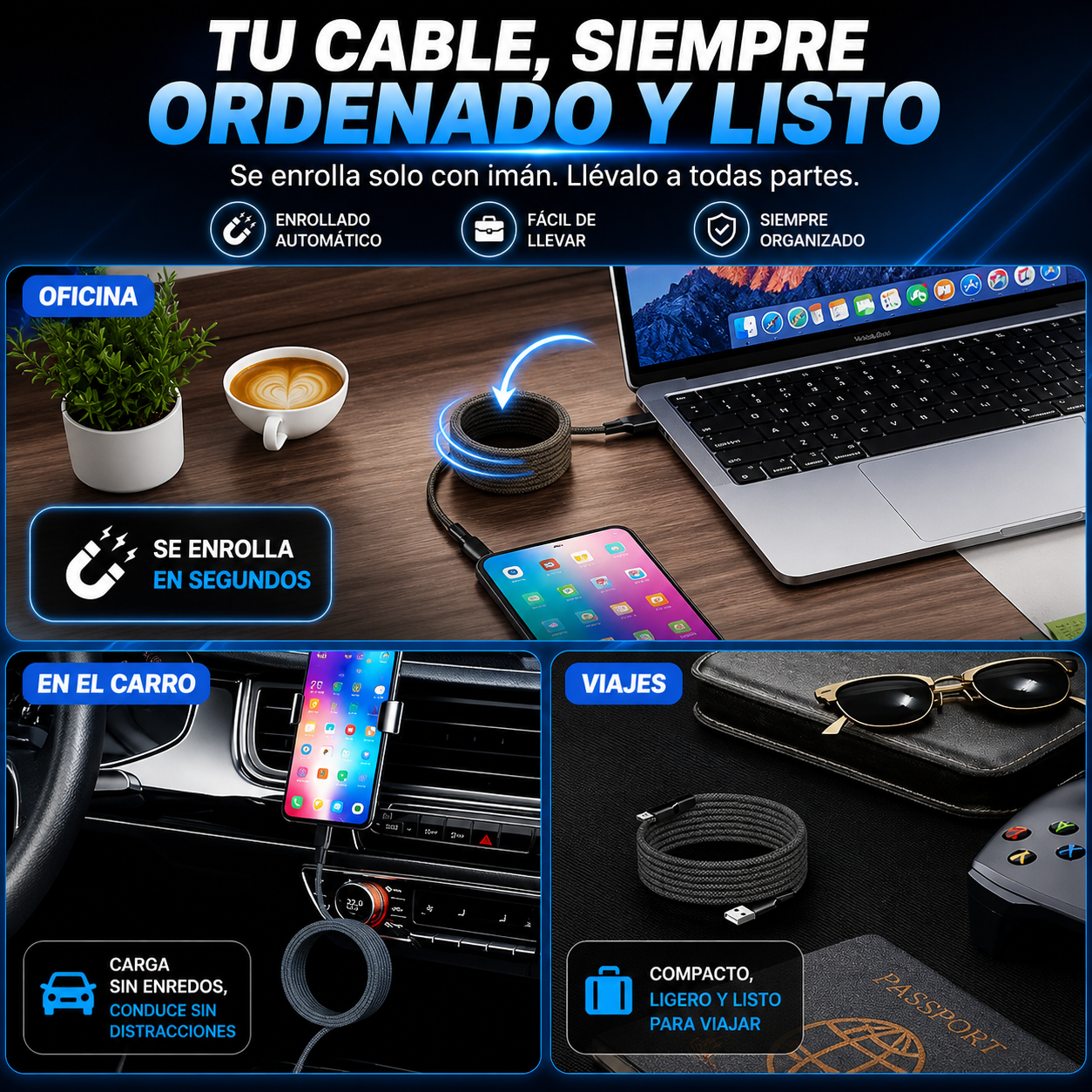 Cable Magnético 100W Carga Rápida con Display LED