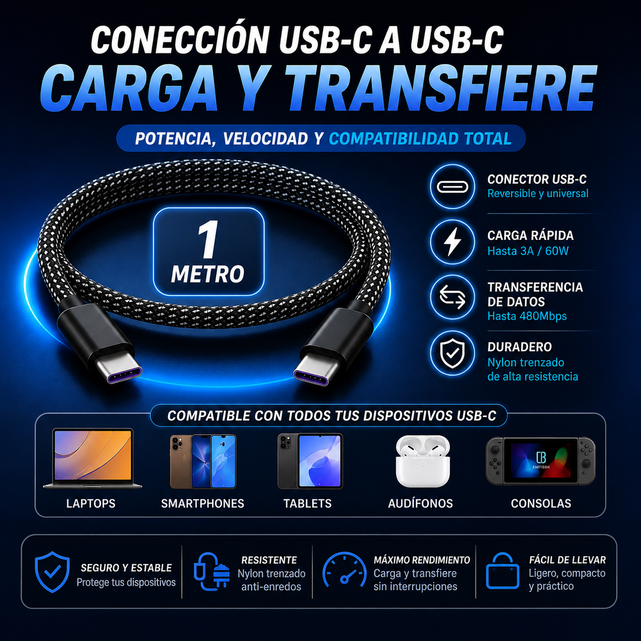 Cable Magnético 100W Carga Rápida con Display LED