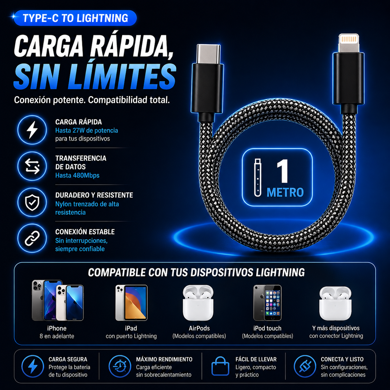 Cable Magnético 100W Carga Rápida con Display LED